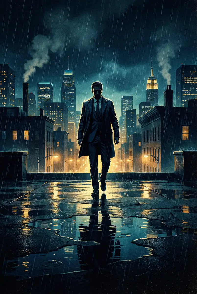 大团圆结亲情会高洁 出品影片《雨夜独行者》海报，雨中城市屋顶男性剪影